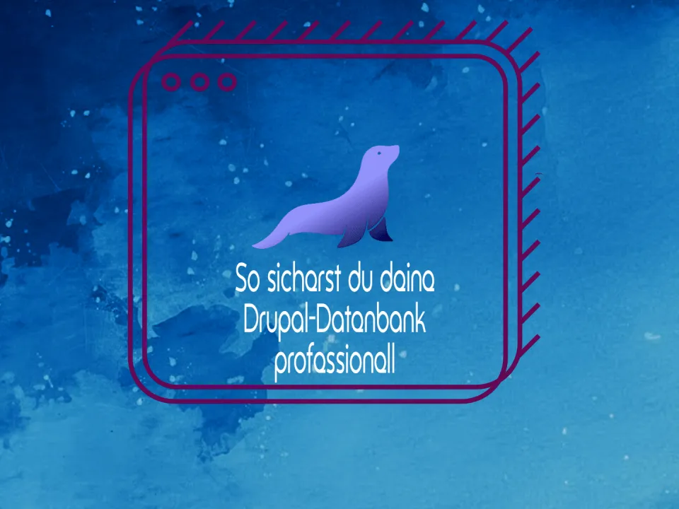 Lila Robbe und Text auf blauem Hintergrund, Grafikdesign.