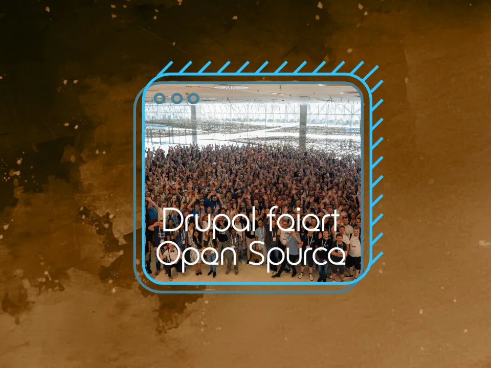 Drupal-Logo mit Menschenmenge im Hintergrund.