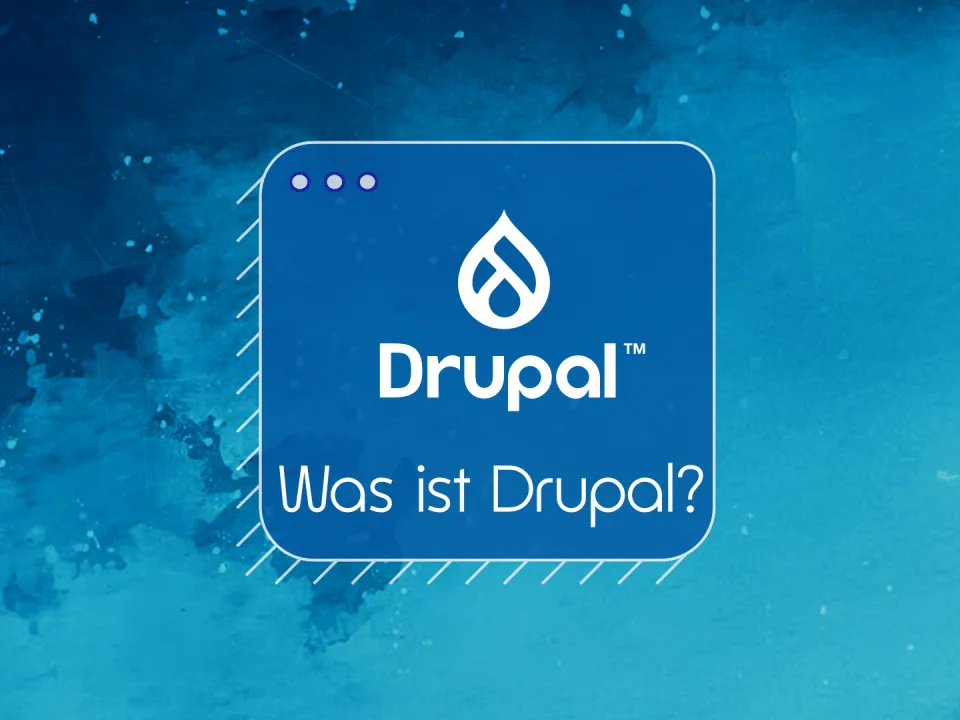 Drupal-Logo auf blauem Aquarellhintergrund.