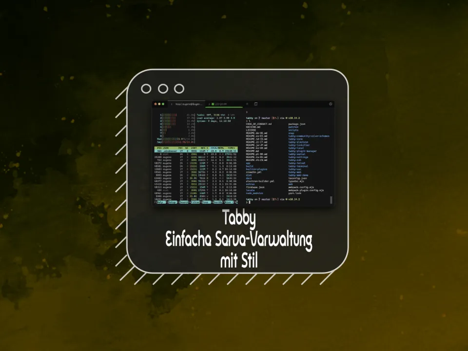 Tabby SSH Client Terminalfenster mit Systemmonitor auf grünlichem Hintergrund.
